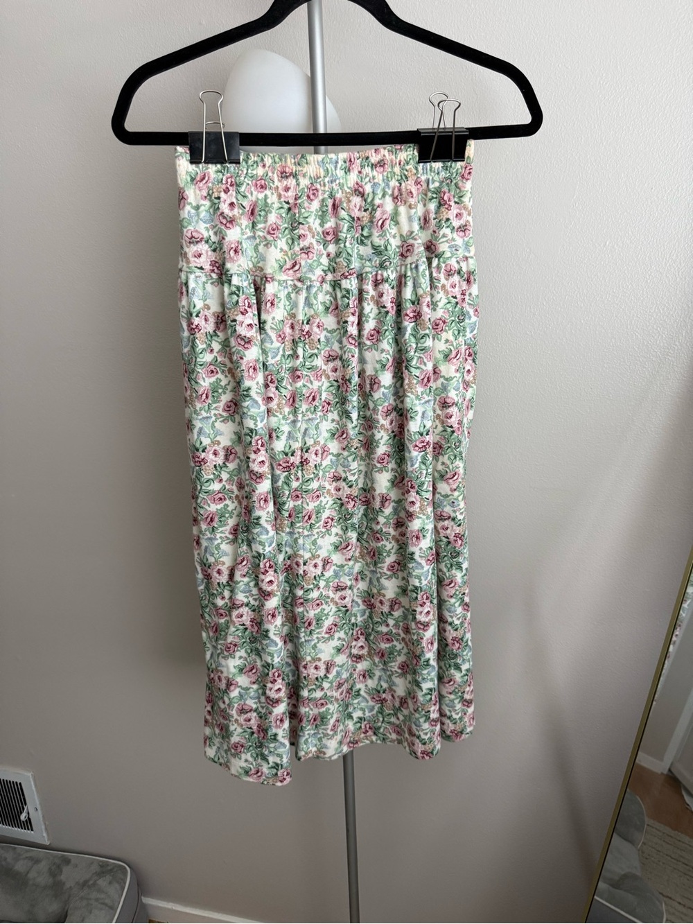 Vintage Floral Midi Skirt with Elastic Waist - Pink & Green